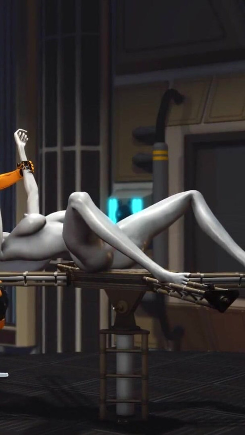 Futa sex robot plays with a female alien in the sci-fi lab | Clip 1