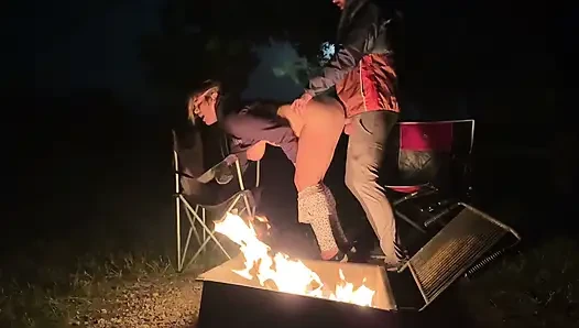 Wife caught masturbating in public restroom, then fucked by the campfire