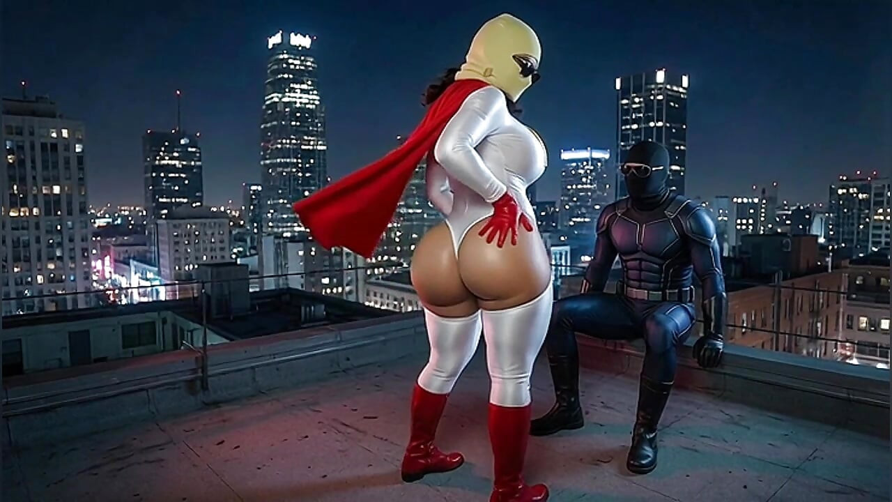 Pequena super-herói rabuda em branco e vermelho mostrando sua bunda enorme