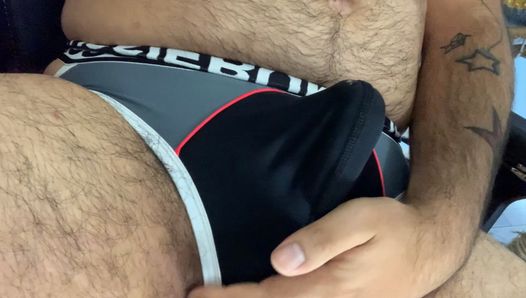 Lycra Frot in a jock clearly too small for him until cums inside his foreskin