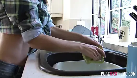 Sweet slim babe gets fucked in the kitchen