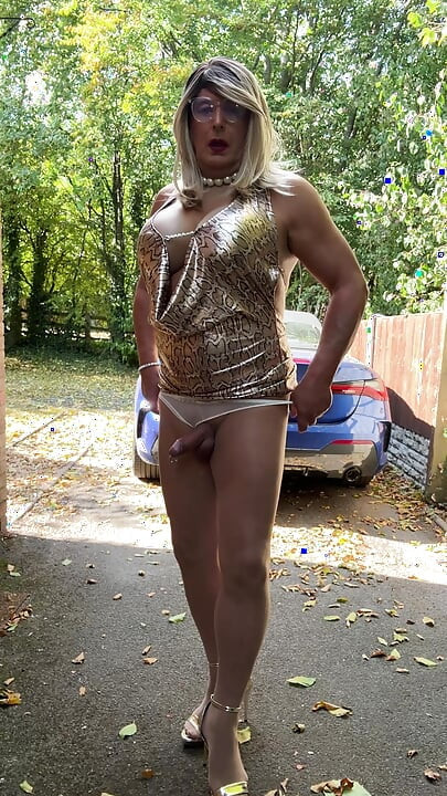 Sexy Crossdresser kellycd2022 in gold leopard print dress tan pantyhose and heels s