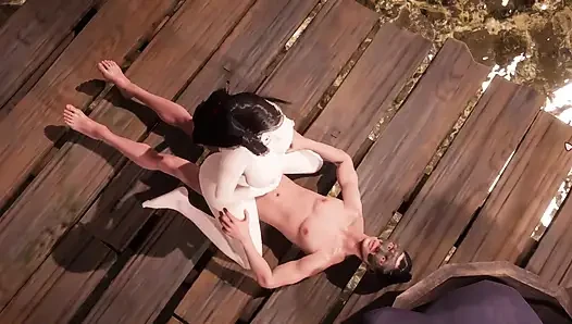 A busty village girl having sex with a young man with a big penis by the river.