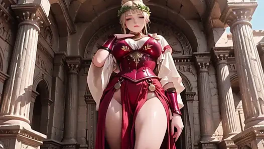 Red Armor Queen! Forbidden Gaze in the Roman Corridor, Skirt Lift Reveal, Hand on Lips Teasing You...