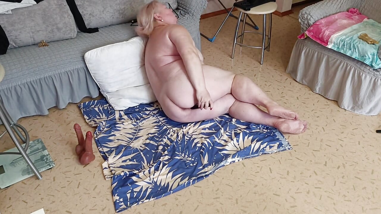 Neighbor Squeezes Her Big Tits and Masturbates Her Big Hairy Pussy with Sex Toys
