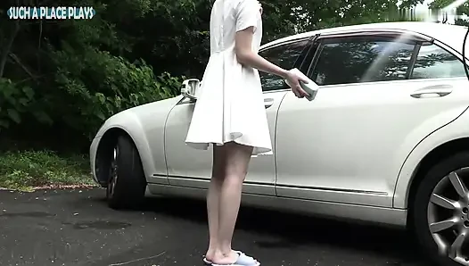 Nackte glückseligkeit, rasierte verheiratete schönheit bloßgestellt, blowjob, autowäsche, necken, enges stoß-creampie-finish
