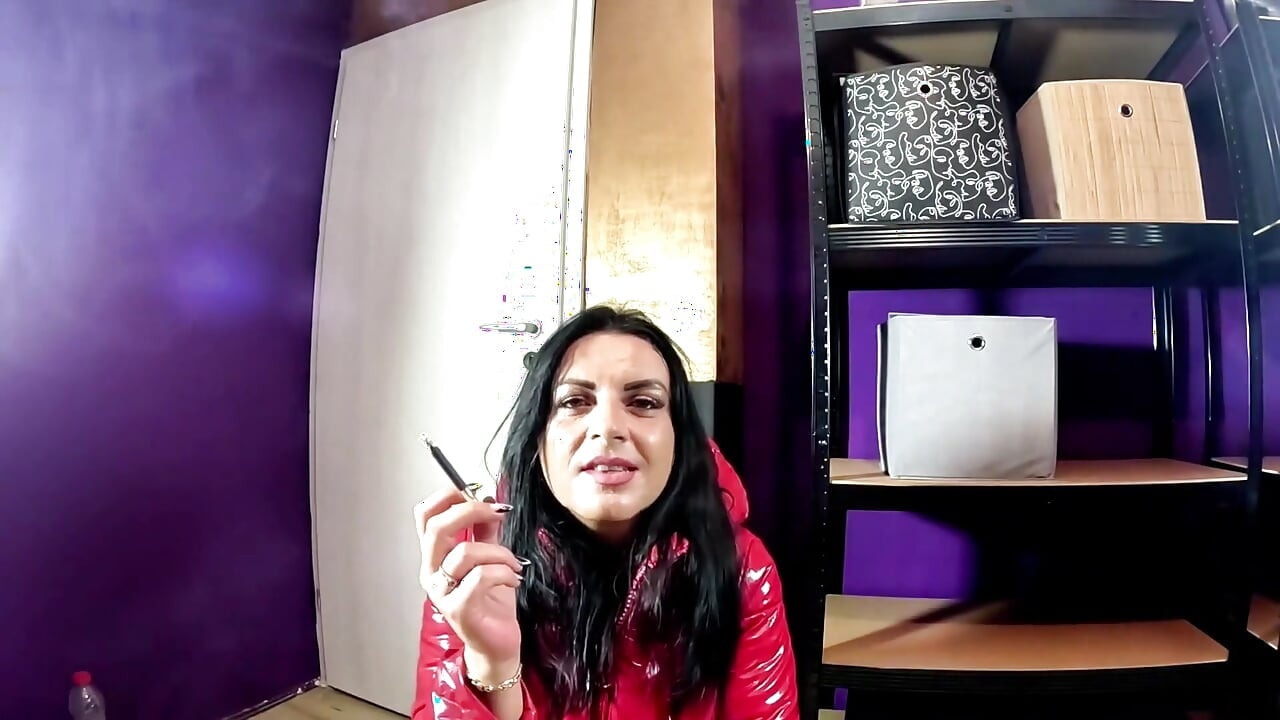 Red Glossy Downjacket POV. Smoking, Doggy Style and Double Cum on My Jacket