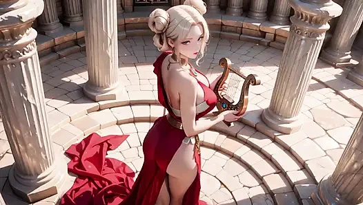 Blonde Goddess in Red! Forbidden Gaze in the Ancient Corridor, Deep V & High Slit teasing you.