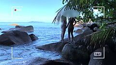 Вуайеристский шпион, обнаженная пара занимается сексом на публичном пляже - проекты
