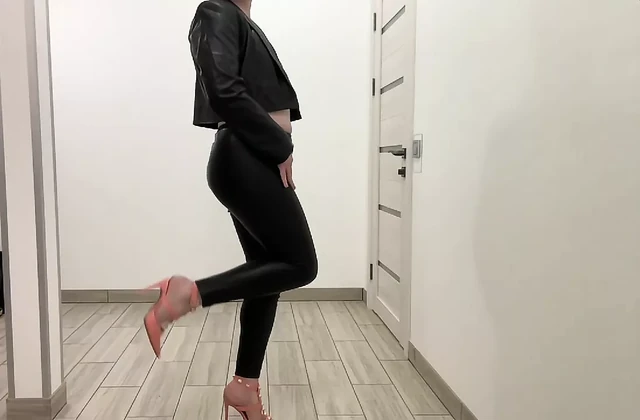 Office secretary tranny slut in leather skinny trousers