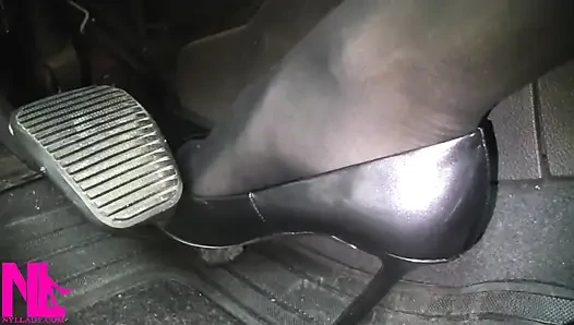 Pedal Pumping in Black Pantyhose and Grey Patent High Heels