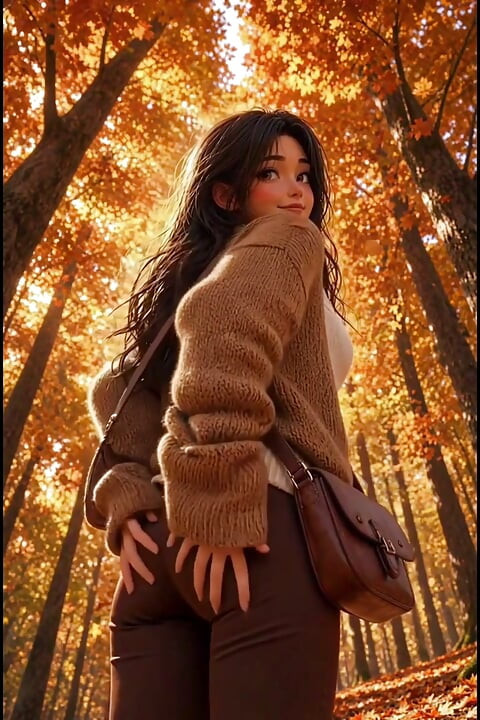 Anime 3D de chica morena masturbándose y twerkeando entre hojas de otoño