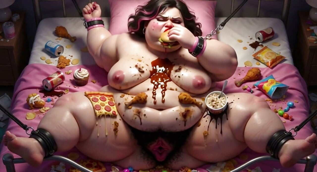 Obese BBW in Bondage Surrounded by Food - Begging for Huge Dick Inside Her