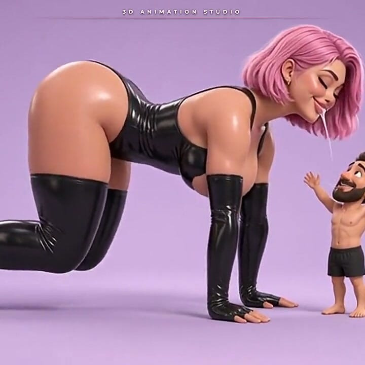 Pink-haired Latex Mistress Crawls Down for a Long Kiss with Her Tiny Man