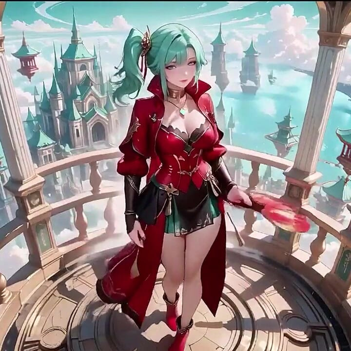 The Red-clad Blade's Private Tease! Green-haired Warrior in a Black-red Battle Robe, Commanding yet Shy on the Floating Terrace.