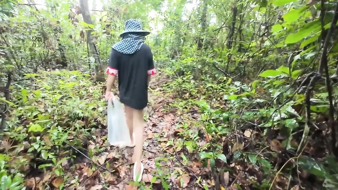 Thai Girl Walking Showing Along the Side of the Field Road in the Countryside Thai Outdoor Public