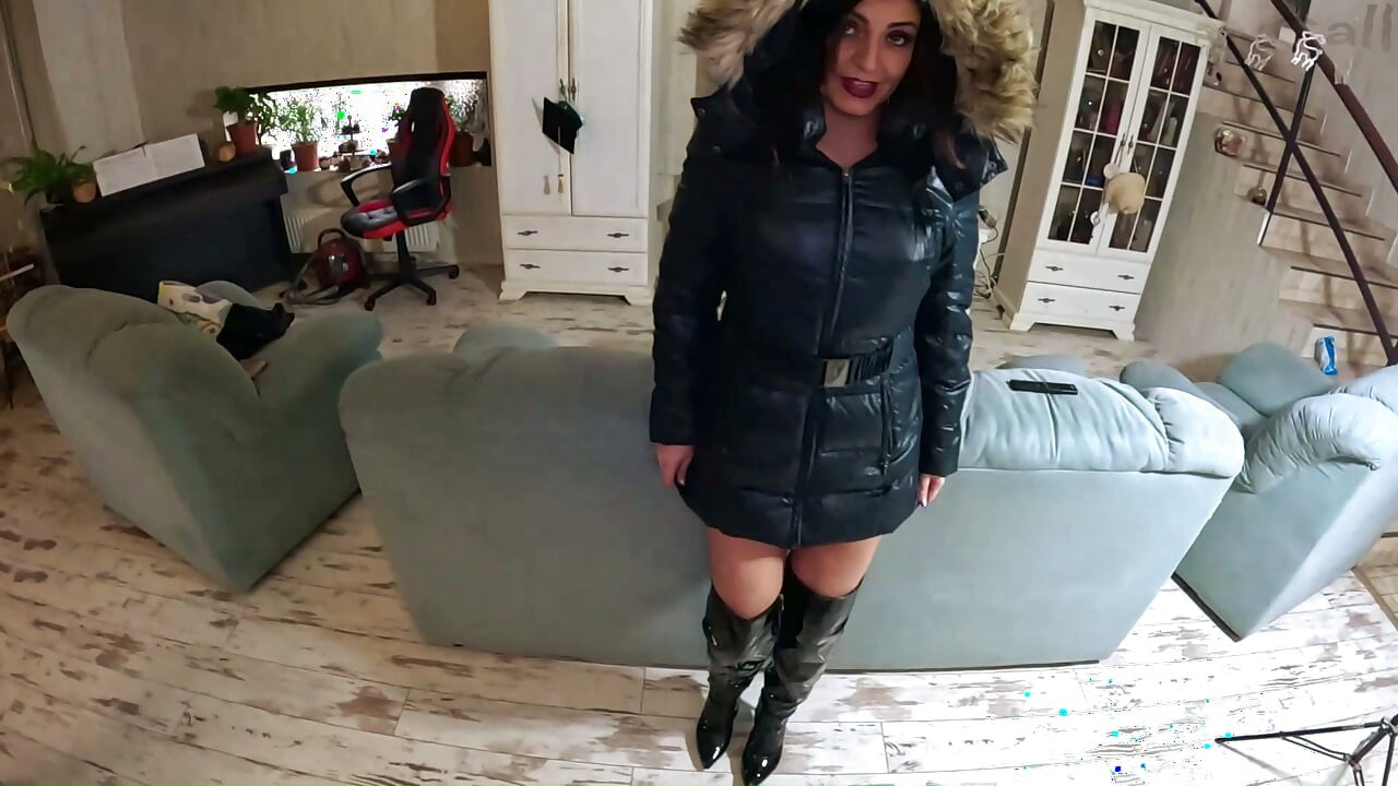 Glossy Downjacket Fetish Try-On. Fur Hoods, Deepthroat, Masturbation and Cum Finish