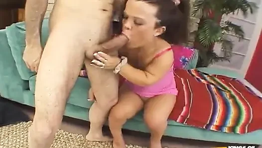 Busty Midget gets her shaved cunt hammered by older muscular man