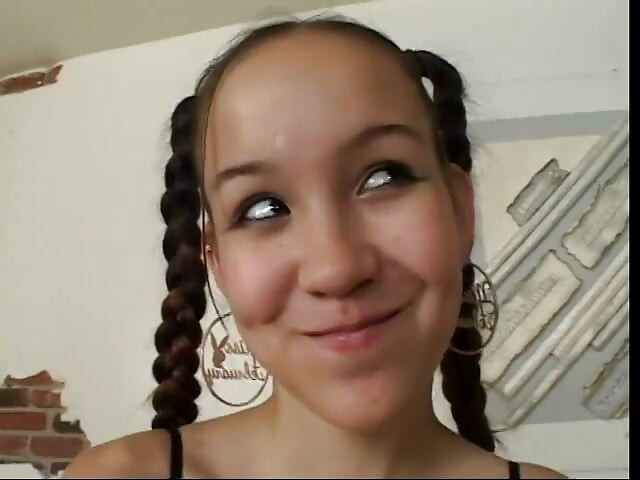 Brunette with pigtails sucks and slurps a fat cock on couch