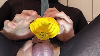 Drinking own piss while being caged in micro chastity cage