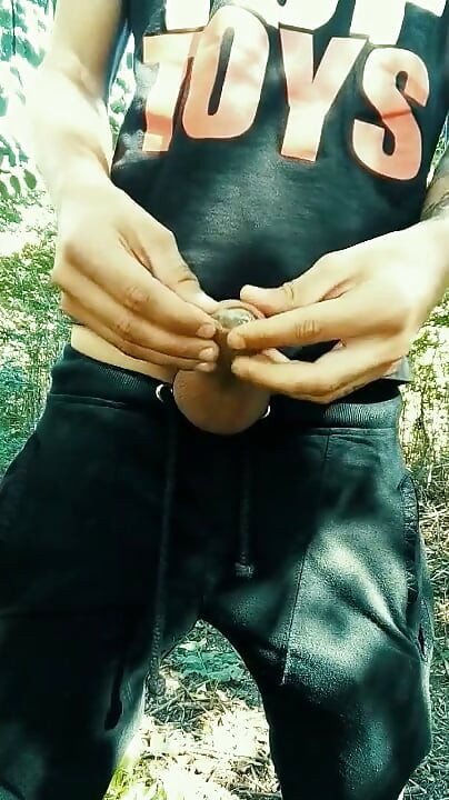 Twink Is Jerking with Used Condom Under Foreskin Outdoor