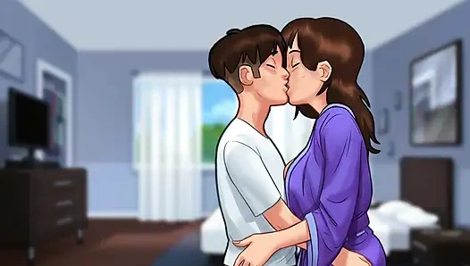 Stepmom and stepsister fight for the tenant's cock in the house and fuck him all the time - summertime saga