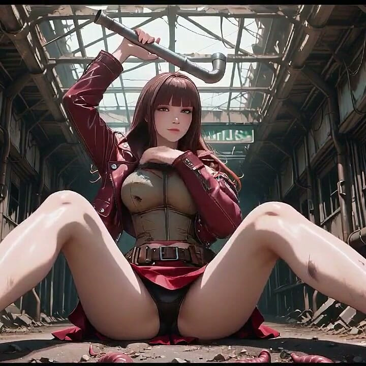 Tight Leather Suit Hugging Her Perfect Hips. She Lounges on the Broken Train Car, Hand Stroking Armor, Eyes Hazy yet Fierce.