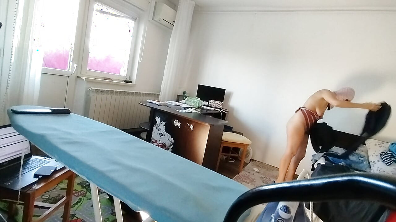 Sexy Brunette with Hairy Pussy, Doing Housework Naked.