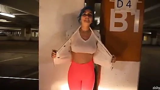 Showing her big tits in mall