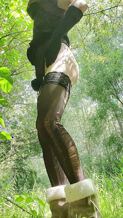Sissy crossdresser outdoors, walking in public