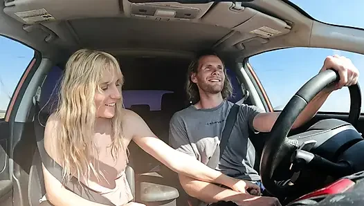 Petite Blonde Gives Her Man Road Head In The Car