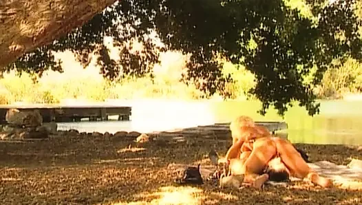 Blondes schätzchen wird am see geleckt und gefickt