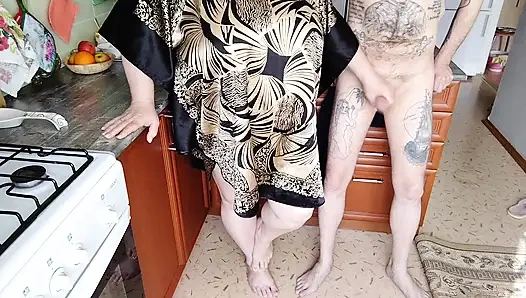 roommate jerks off my cock in the kitchen