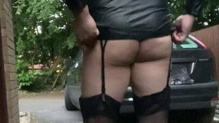 Crossdresser Kelly wank strip driveway stockings pvc dress