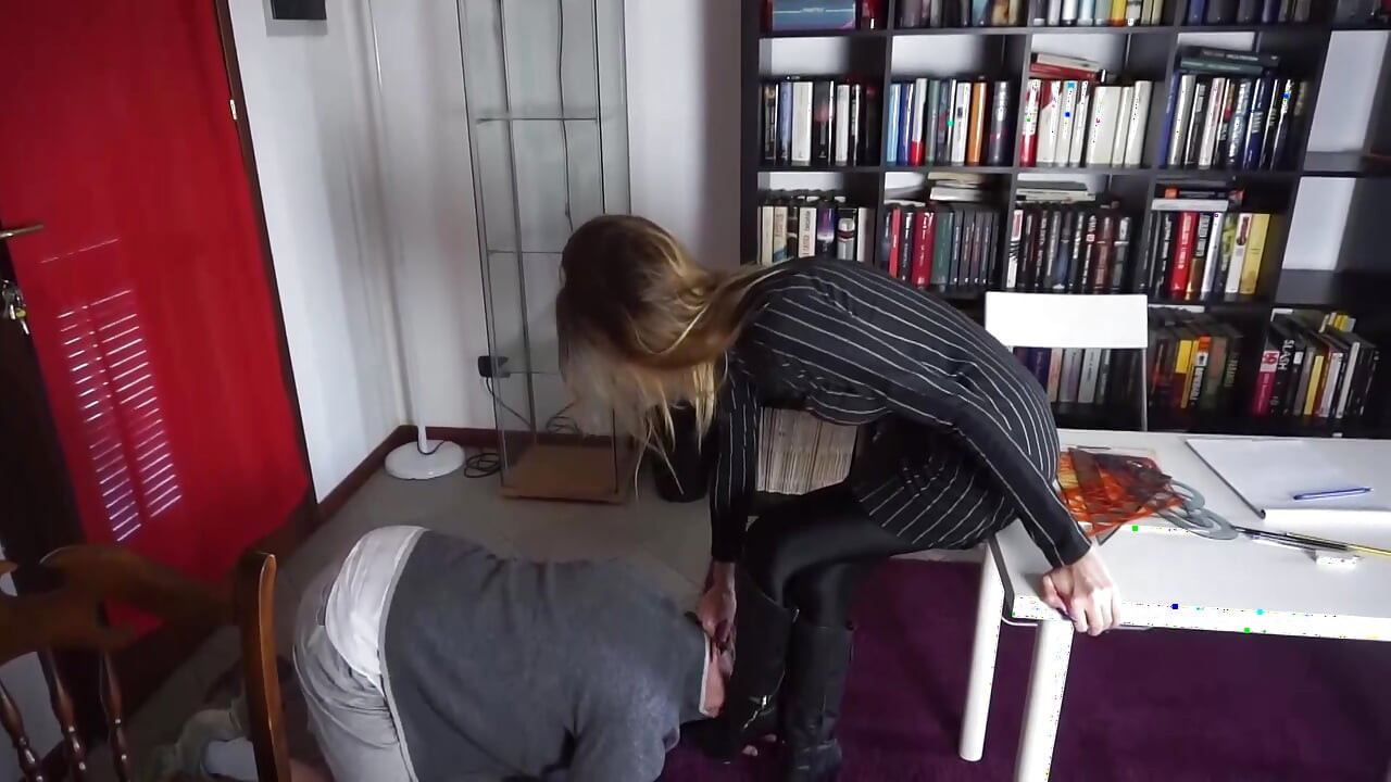 Femdom chick punishes her male slave in the office