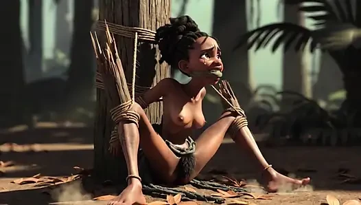 İp esaretinde bağlı Afrikalı kız - kıllı ıslak amcık yarak için can atıyor