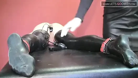 Hot guy enjoys as he gets pinned on the back and a vibrator in her ass