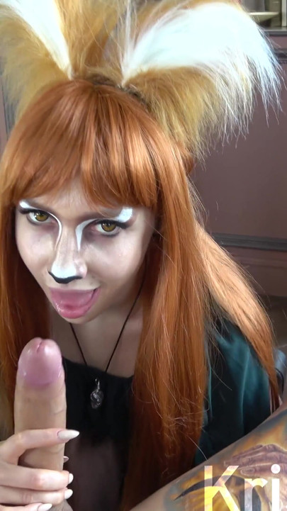 Cosplay horny fox sucking huge cock, cum in mouth, 4K