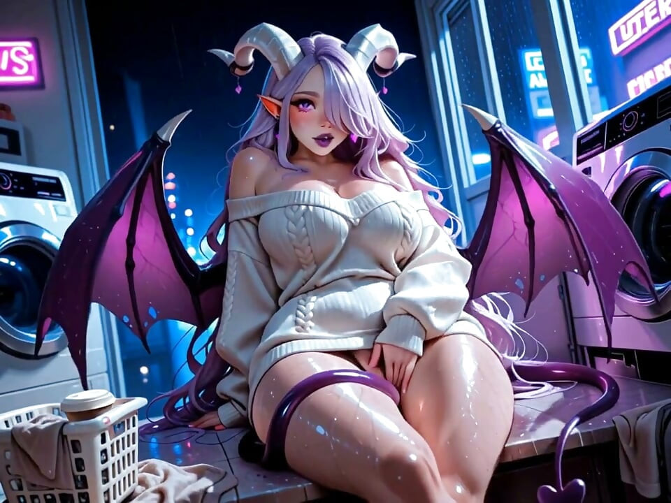 Horny Demon Girl Pulls Her Sweater Down in the Empty Laundromat and Shows Everything (ai Generated)