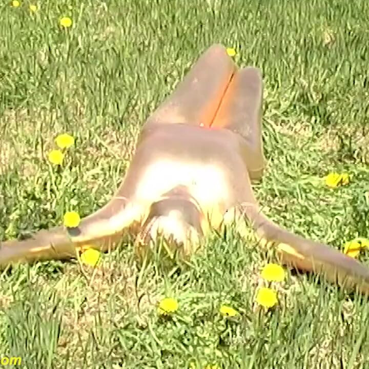 Sexy ebony babe in skintight golden spandex catsuit posing outdoor