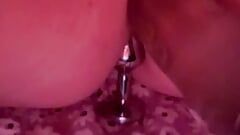Fucking my pussy with a dildo hard until I cum while plugged