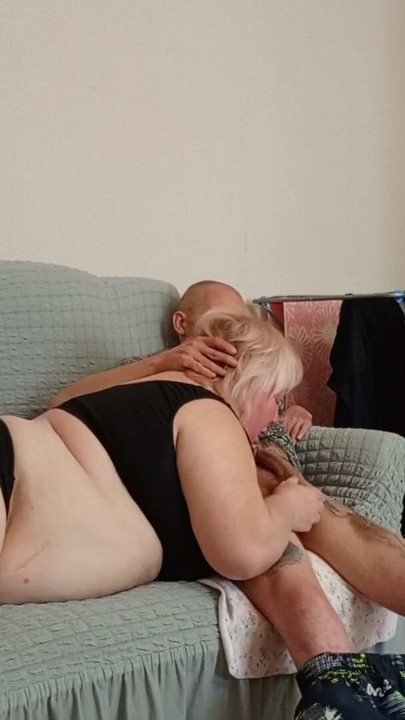 My mother-in-law gives me a blowjob after work and gets a portion of cum in her mouth | Clip 3