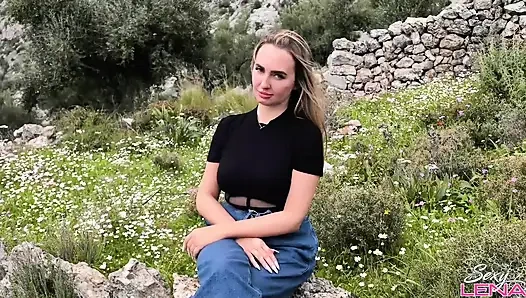 Greek Mountain Wild Footjob with Sweaty Nylon Feet - Outdoor Cum on Soles