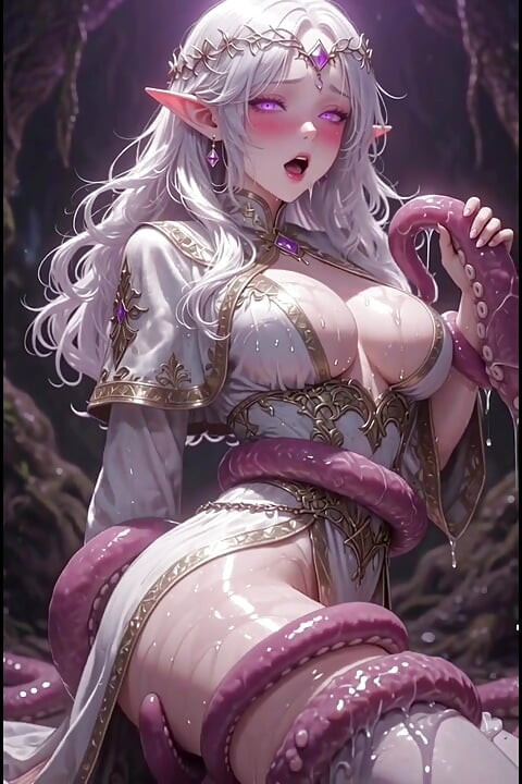 White-haired elven priestess with worm monster, anime hentai