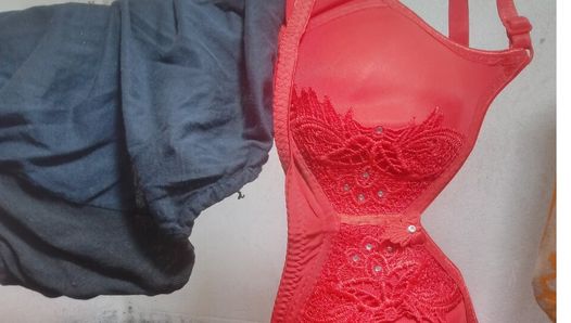 Looking at Bhabhi's 40 size bra and panty, the goods are out