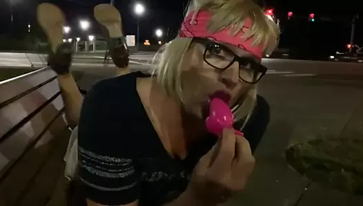 Crazy bold dildo assfucking at busy intersection