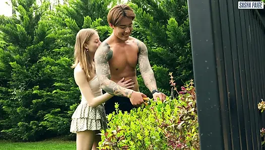 Cute Homemade Girl Fucked with Her Asian Gardener Titus Low in the Backyard of Her House!