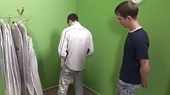 Hot and horny guys fuck anally in a dressing room