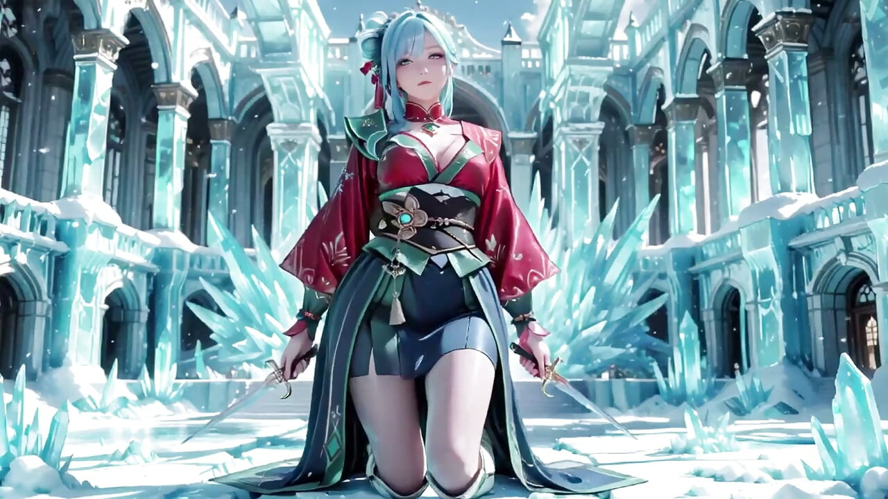 Ice Throne! Silver-haired Mage in Red-green Gown Kneeling, Blue-haired Partner Teasing in Realm!