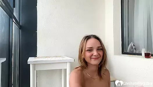 Fit chick swallows a very massive dildo